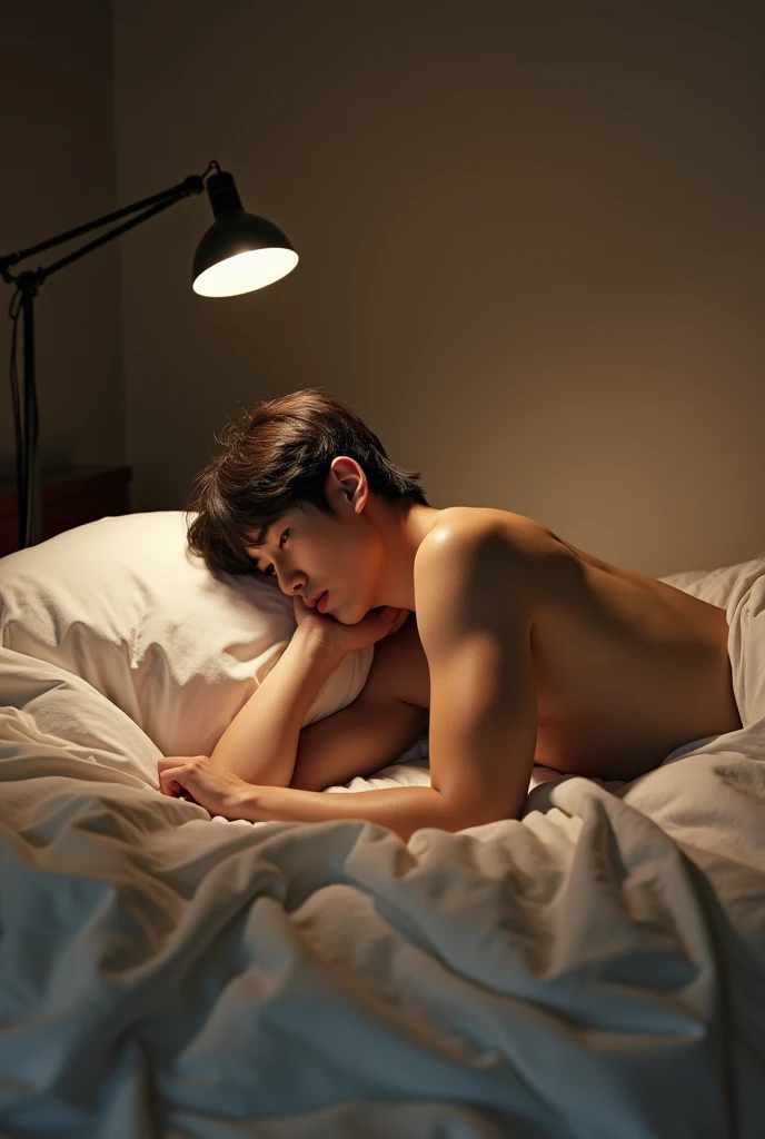 korean boy,naked,dick,laying on bed,table lamp on the side of the bed