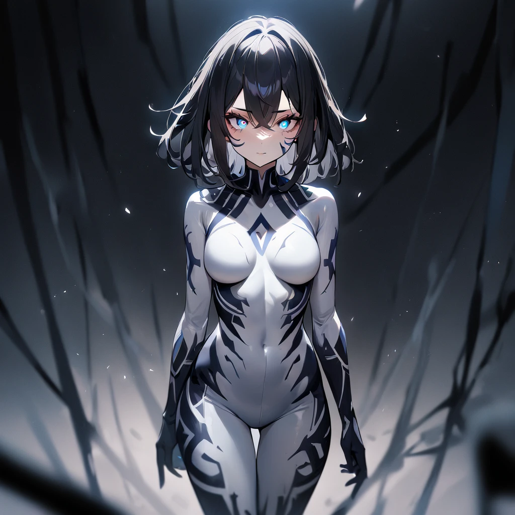 1girl,Whitebodypaint,blackhair,redeyes,fullbody,cowboyshot,masterpiece, best quality, very aesthetic, absurdres