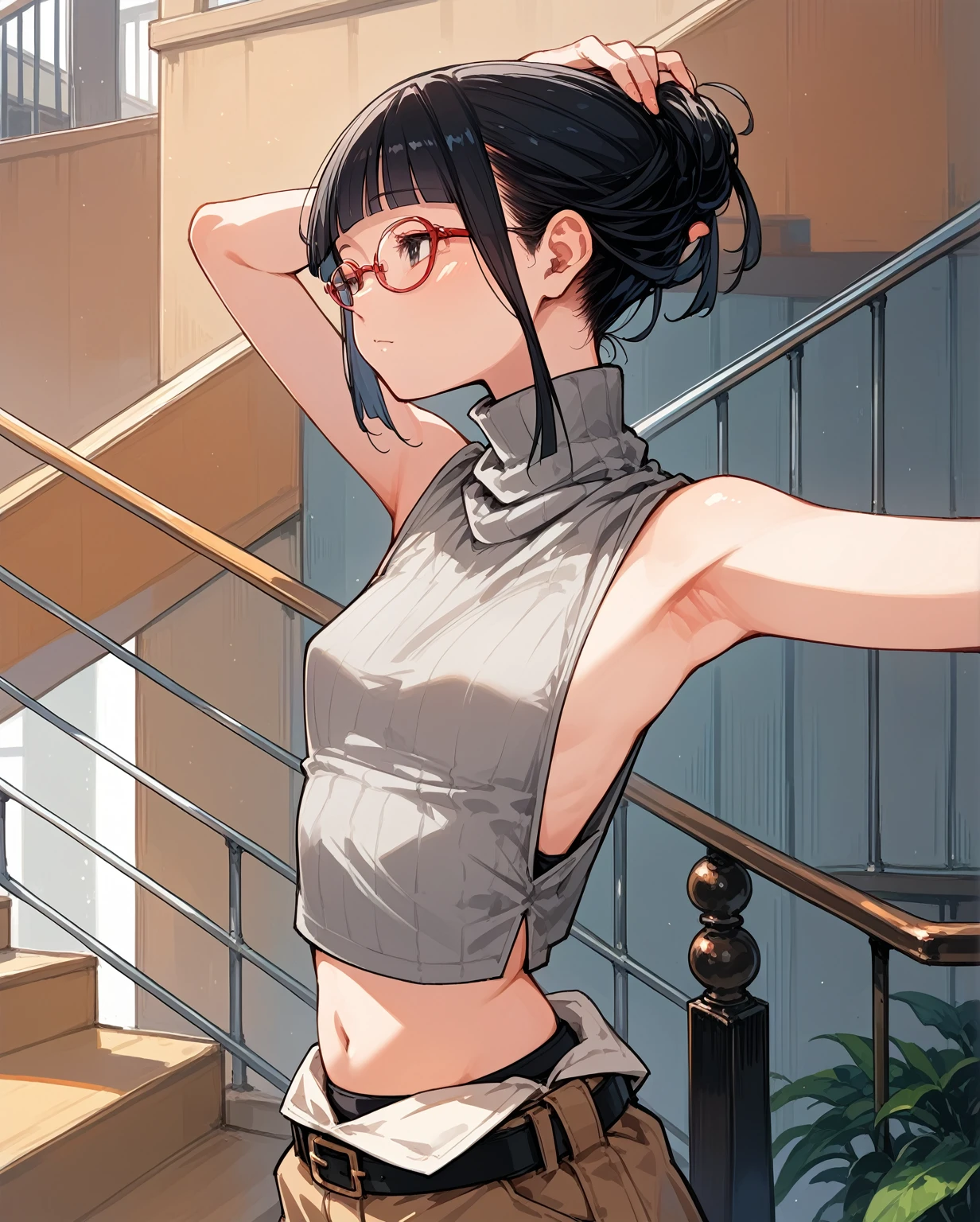 胸元が開いたデザインのSleeveless turtleneck,Exposed chest、Exposed flanks,sexy,Flat Chest,Focus on your audience,Very thin body,Anime Style,Slim figure,delicate,Glasses,Asian woman wearing grey top and black pants posing on stairs, Sleeveless turtleneck_With dowel, 脇が大きく開いているSleeveless turtleneck_Relaxed back design,rib cage,Side bust,Shoulders are wide open,sexyなWearing a crop top, Photo of slim girl model, Chiho, T-Top, shikamimi, Wearing a crop top, Real life anime girls, Kurohime cut hair, Chassis, 2 4-year-old female model