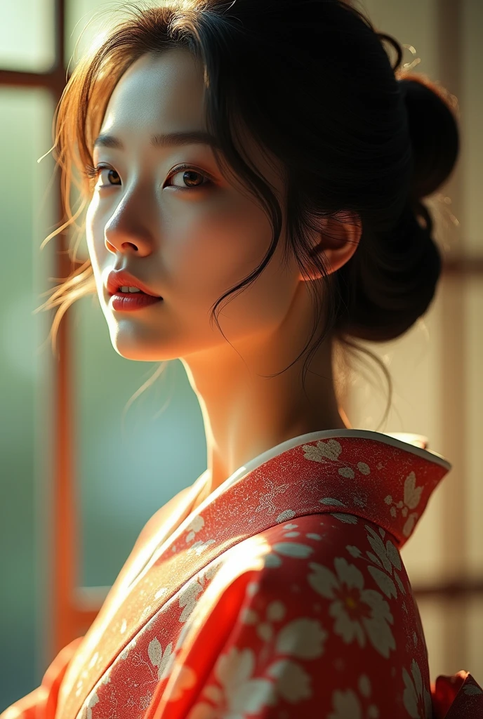 An elegantly dressed Japanese woman in natural light、A close-up of her chest and calm expression.、It shows her inner peace and outer charm.。