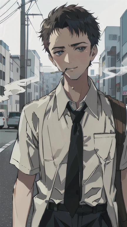 arafed man in a shirt and tie smoking a cigarette, short sleeve, fight club, scene from fight club movie, edward norton, the narrator, (1 male, Adult male, 30 years old), cigarette in his mouth, amazing, complex scene, charlie cox, taking a smoke break, stony, glen, very realistic film still, with a cigarette in its mouth, smug look, cigarettes, hidden the hand on pocket pants, smug look, cowboy shot,