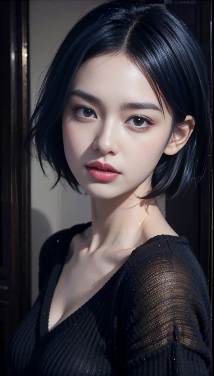 Tabletop, Highest quality, Realistic, Very detailed, finely, High resolution, 8k wallpaper, One beautiful , 3d, dark blue colour hair