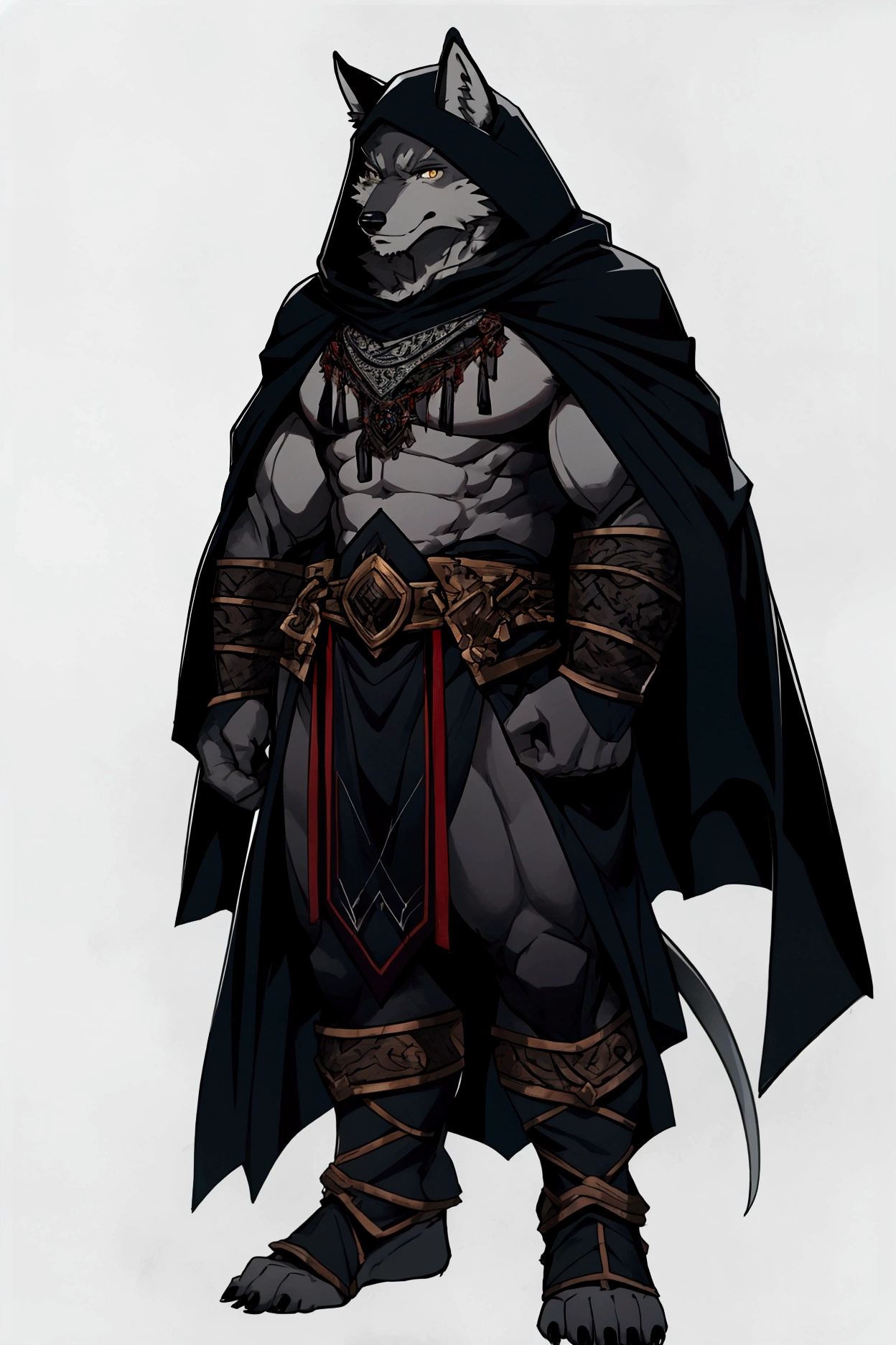 Gray wolf orcs，Black cape with hood。Facing the camera。Full body view。
