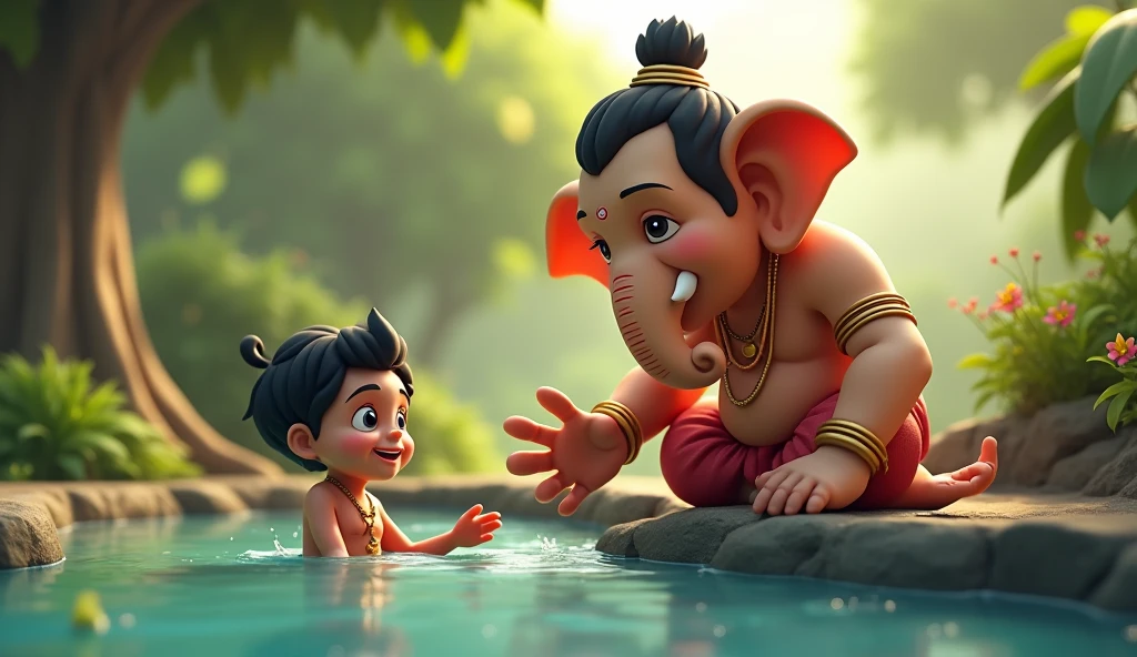 In cinematic 3D cartoon style. Fifth Image: Show Ganesh dipping Bunty’s injured leg into the cool water of the pond, while providing shade with his large body. Bunty looks relieved, and his face shows a mixture of gratitude and realization about his mistake.
