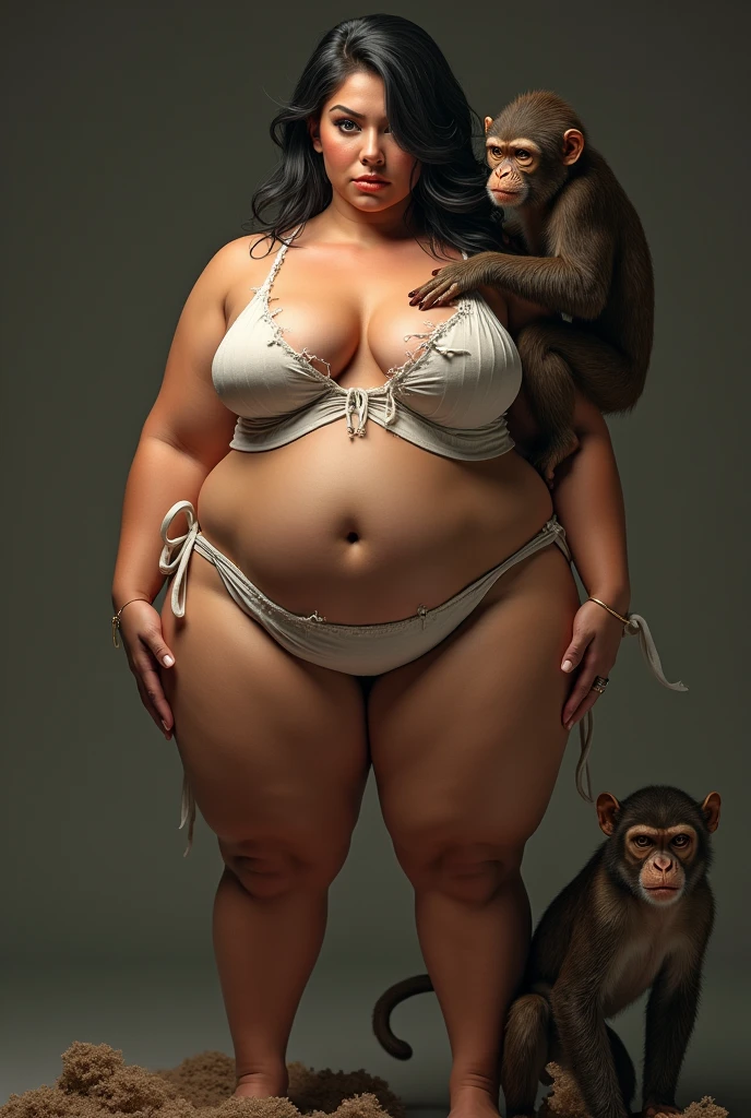 1womanl. (Body in greater prominence) Very muscular and robust body, huge ass, Breasts huge, thick-thighs, Waist slender, torn garments, Cum Shot, Monkey,