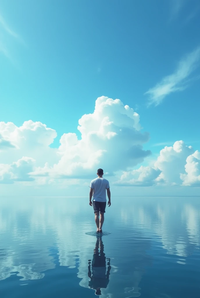 A handsome man walking on water with his back turned to the viewer, set against a bright blue sky with beautiful skies. The sky and clouds are reflected on the water's surface. The man is centered with the focus on the expansive and fantastical landscape, reminiscent of a cinematic scene, rendered in high detail.