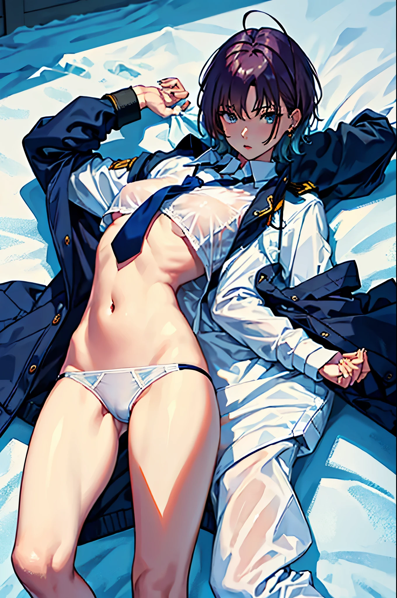 masterpiece, (Perfect Anatomy:1.5), highest quality, 1 lady , slender, leggy, Seductive, (wear a white long sleeved shirt, tie, navy officer winter jacket:1.5), white bikini pantie , barefoot, Perfect hands, Perfect body, reclining, lying on a sofa, leg lift , looking away, ((Exquisite detail)), Very finely crafted fingers(((10 fingers))), (full body showcase), (Show your whole body), (no background), (No logo) , high resolution, parted lips, belly button , feet up