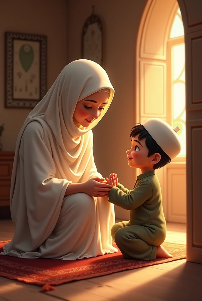 Muslim boy touching mom feet 
