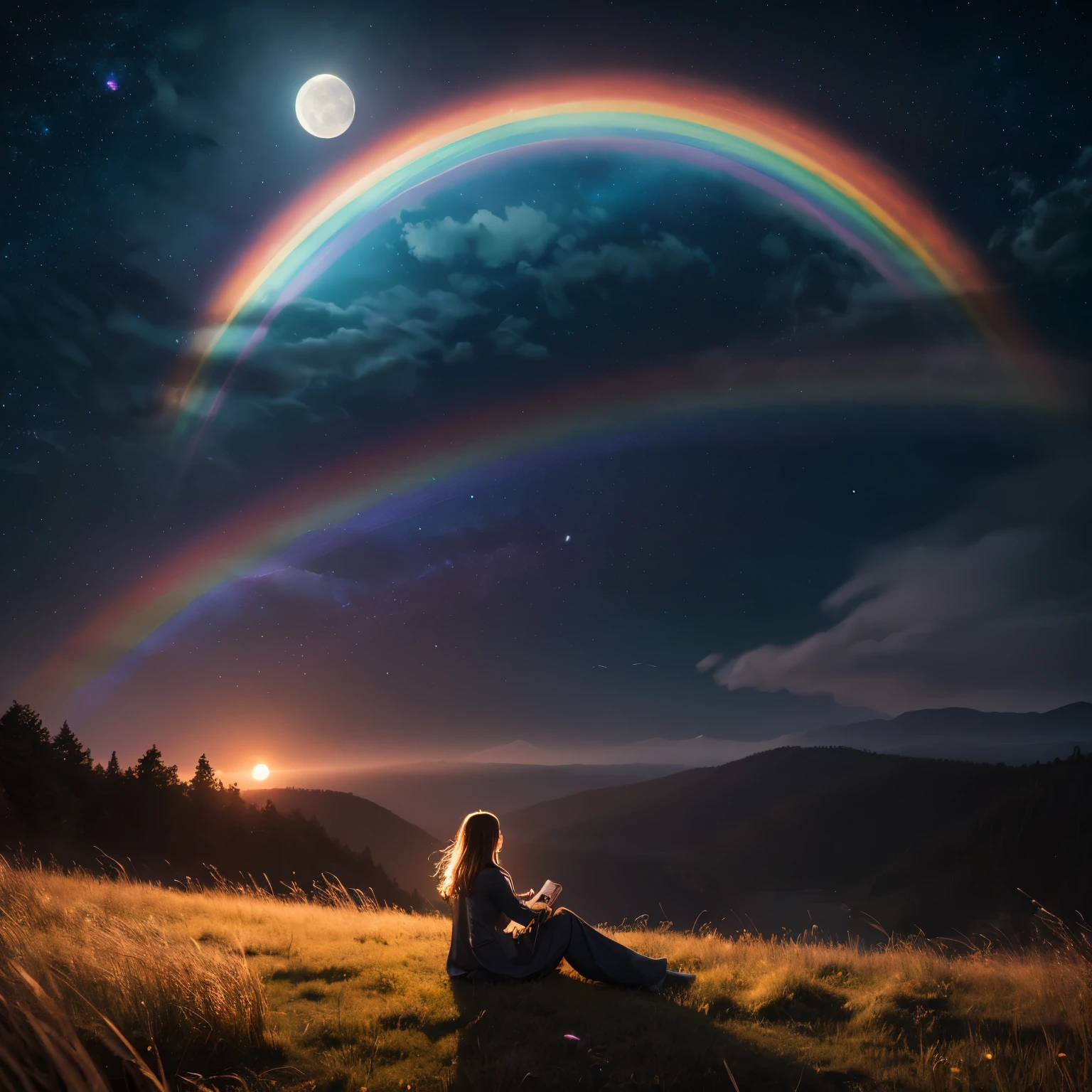 Wide landscape photography, (View from below, The sky is above, And the open field is below), Girl sitting on the grass and looking up, (full moon: 1.2), (meteor: 0.9), (nebula: 1.3), Distant Mountain々 , wood々destroys art, (Warm Light: 1.2), (fire Fly: 1.2), Light, Lots of purple and orange, Intricate details, Volumetric Lighting Break (masterpiece: 1.2), (Highest quality), 4K, Super detailed, (Dynamic configuration: 1.4), Rich color and detail, (Rainbow colors: 1.2), (Shine, Atmospheric lighting), dream-like, Magic, (alone: 1.2)