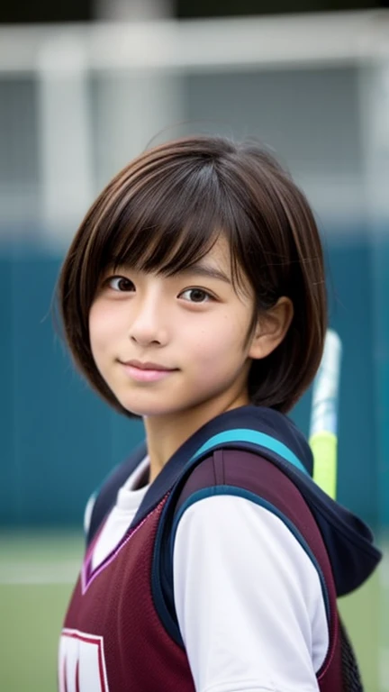 Japanese female junior high school student who is a field hockey player、Boyish ultra-short hair、Dark brown hair color、I'm extremely sunburned、Sexy sleeveless uniform、masterpiece、High resolution、high quality、realism、Natural skin texture、Messy hairstyle