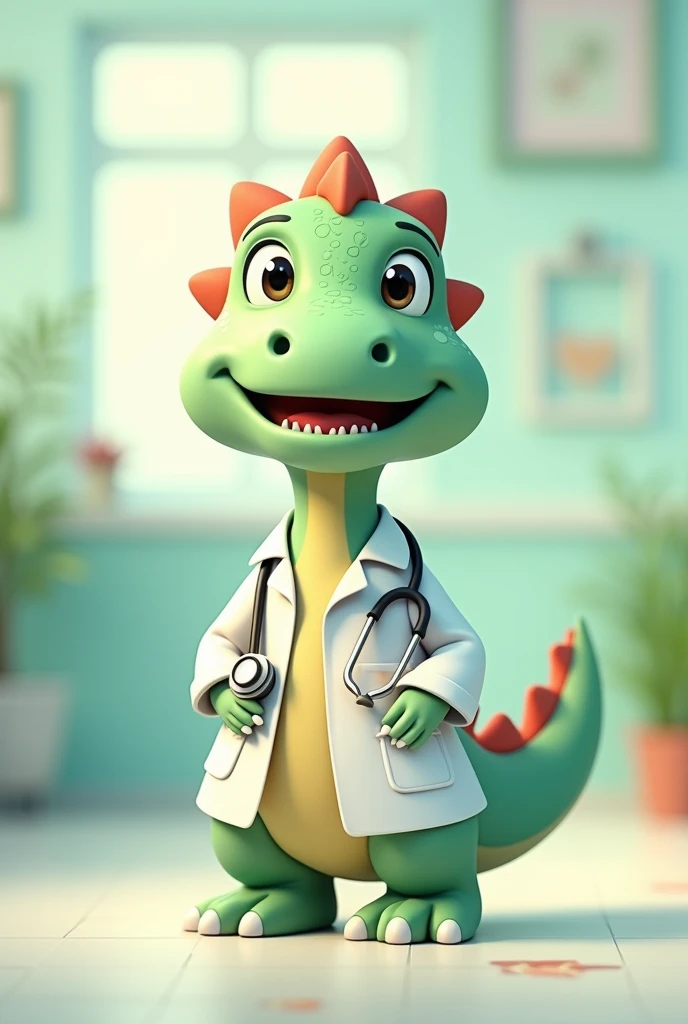 please generate mascot dinosaur doctor with light green color attach a cute wooden hair clip hanging stethoscope white There is a cute heart icon on the left chest.