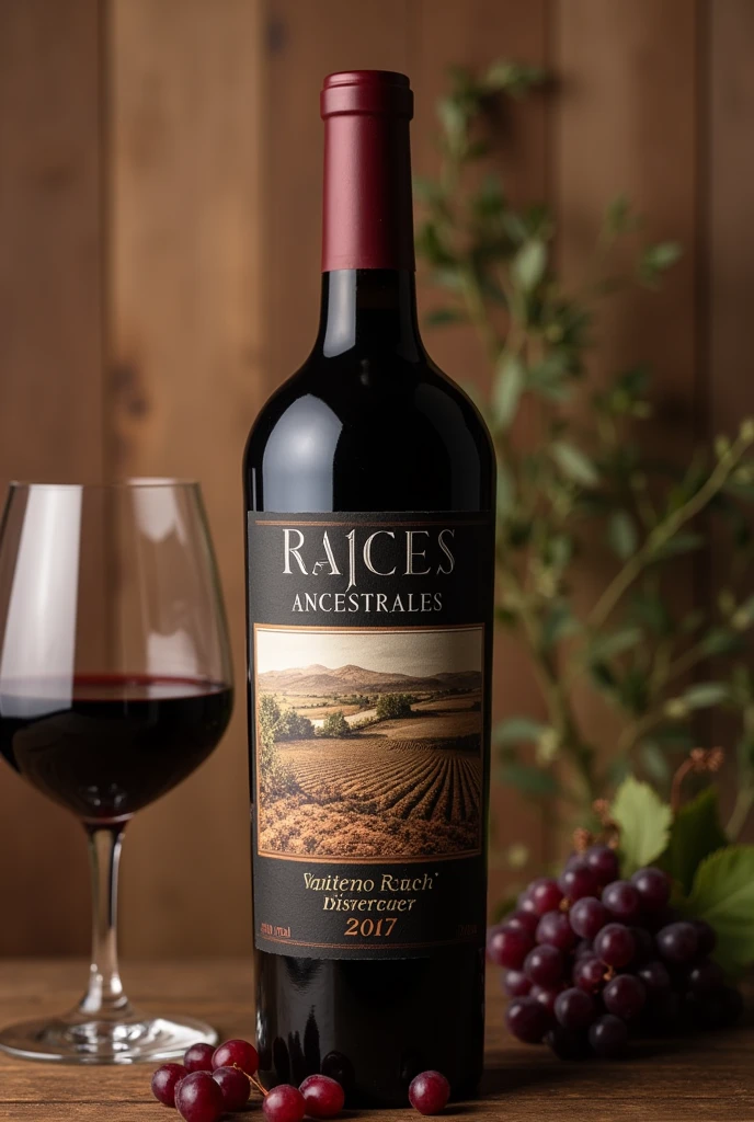Make me a label for a wine called Raíces Ancestrales • Description: “This wine is a tribute to the traditions and know-how of past generations.. With deep notes of plums and hints of dried herbs, It is a direct connection with the history of the vineyard.”