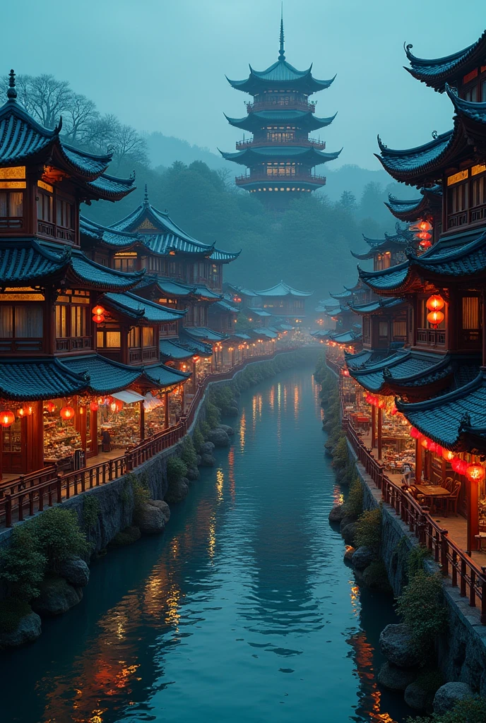 busy asian shops japanese chinese style with a winding river canal like venice curved in s shape, in the middle focal point big rounded pagoda in an island surrounded by the river epic scale,background is castle, night time