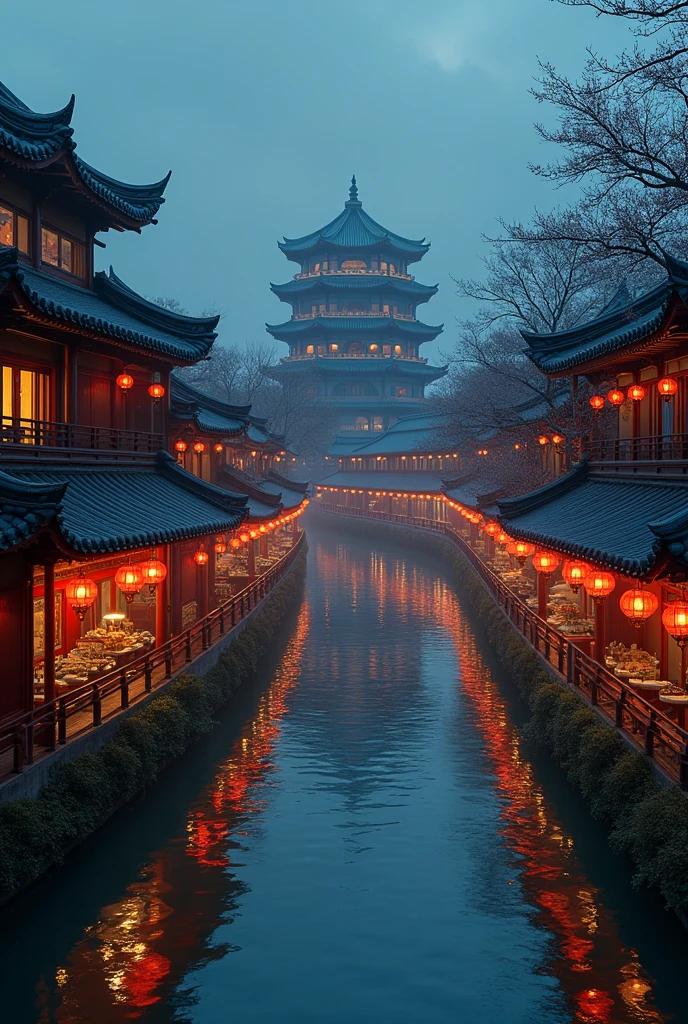 busy asian shops japanese chinese style with a winding river canal like venice curved in s shape, in the middle focal point big rounded pagoda in an island surrounded by the river epic scale,background is castle, night time