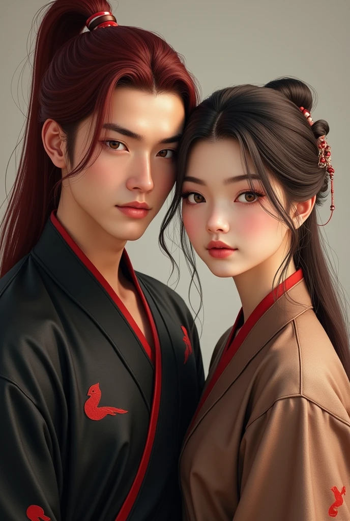 Create a boy with long hair tied in a ponytail, His dark red phoenix-shaped eyes and straight eyebrows with a black hanfu with red cardinal details and he is around 16 years old but he is someone with a well-defined body, stomach 1.76.
And next to him is a boy with a soft face, who has a slightly worn brown hanfu, Her very light brown eyes are peach-shaped and she has a warm smile., Her hair is loose and is the same color as her eyes, Her eyebrows are thin, curving gently. 
