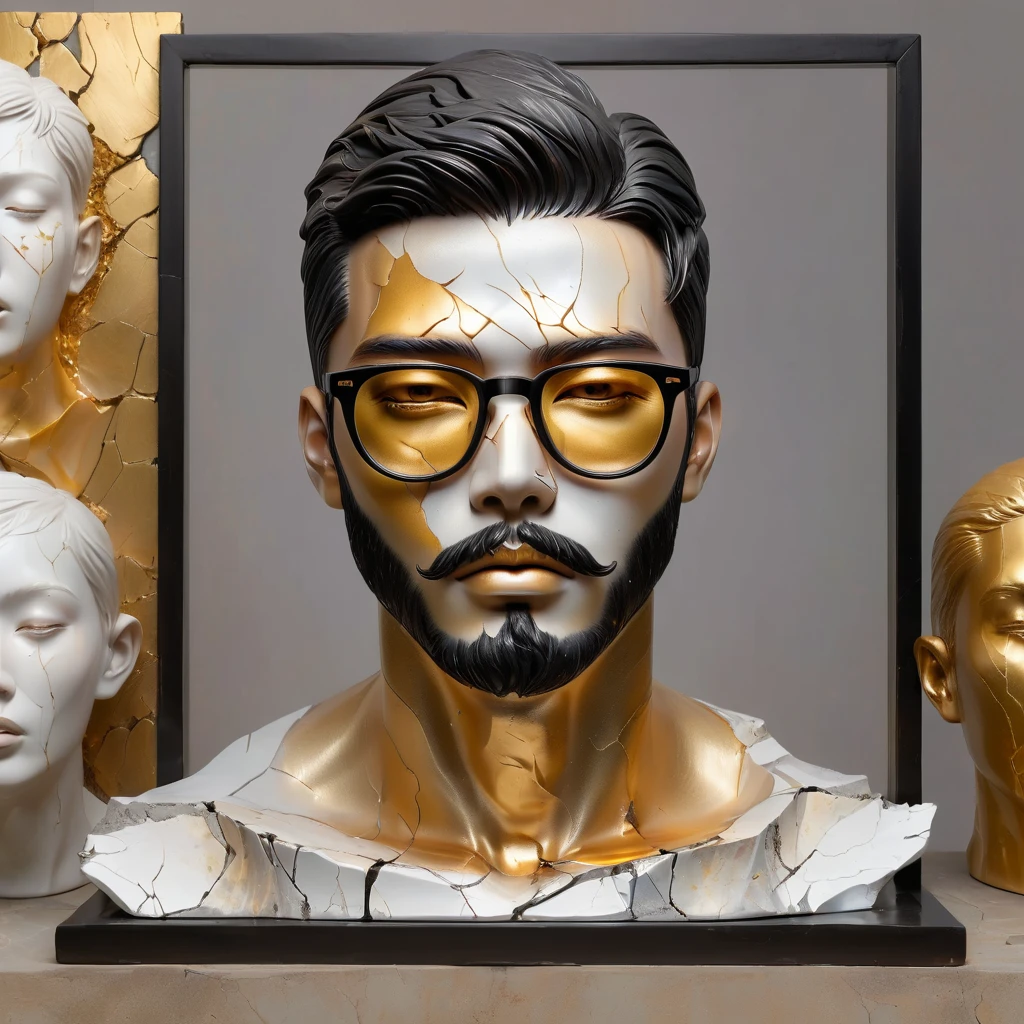 ((display，Still life table，Artistic statues，3D Sculpture，ceramics，Surface cracks，Shattered Texture)), Showing the beauty of nature.gold，black powder， To emphasize its artistic quality, Asian men, with stubble, short beard, short mustache, Beard scum, slightly curly hair, and black square plastic-framed glasses
