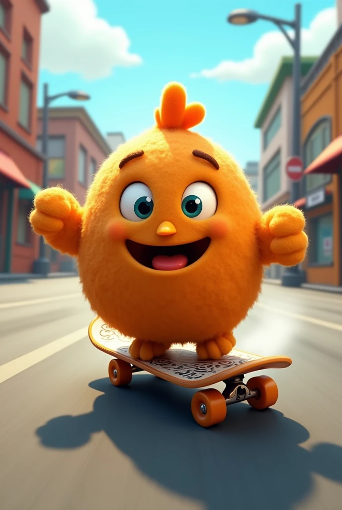 Make a nugget riding a skateboard without legs or belly but happy at full speed