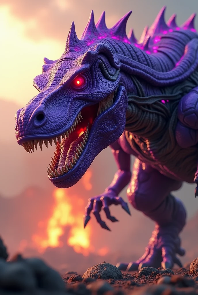 Transformers Megatron beast wars. Megatron t rex concept. realistic cinematic . transformers t-rex dinosaur head,muscular purple robot,glowing energy sparks, dramatic lighting, dust and devastation, cinematic camera angle, best quality, 8k, highres, masterpiece, ultra-detailed, hyper realistic, physically-based rendering, vivid colors, HDR