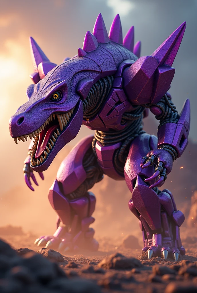 Transformers Megatron beast wars. Megatron t rex concept. realistic cinematic . transformers t-rex dinosaur head,muscular purple robot,glowing energy sparks, dramatic lighting, dust and devastation, cinematic camera angle, best quality, 8k, highres, masterpiece, ultra-detailed, hyper realistic, physically-based rendering, vivid colors, HDR