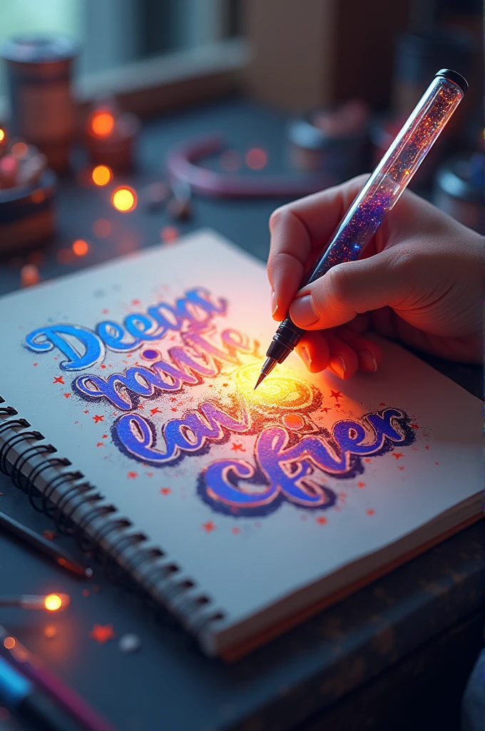 A mesmerizing, hyper-realistic 16K 3D illustration captures a magical moment of pure creativity. A talented artist is masterfully sketching a heartfelt message, "lol -- Jin -- Rm --Suga -- Jhope -- Jimin -- V -- Jungkook. ", in a notebook. The text is composed of vibrant, color sepia stars that smoothly transition through the entire spectrum. The artist's hand, holding a transparent pen filled with radiant stars, is detailed exquisitely, symbolizing boundless creativity and imagination. The background is a three-dimensional sketchbook setting with scattered throughout, adding depth and dimension to this captivating, graffiti-inspired scene. The illustration radiates energy, movement, and vibrant colors, making it a true work of art that celebrates creativity and imagination., gra, cinematic, vibrant, graffiti, painting, typography, product, illustration, photo, 3d render, fashion, dark fantasy