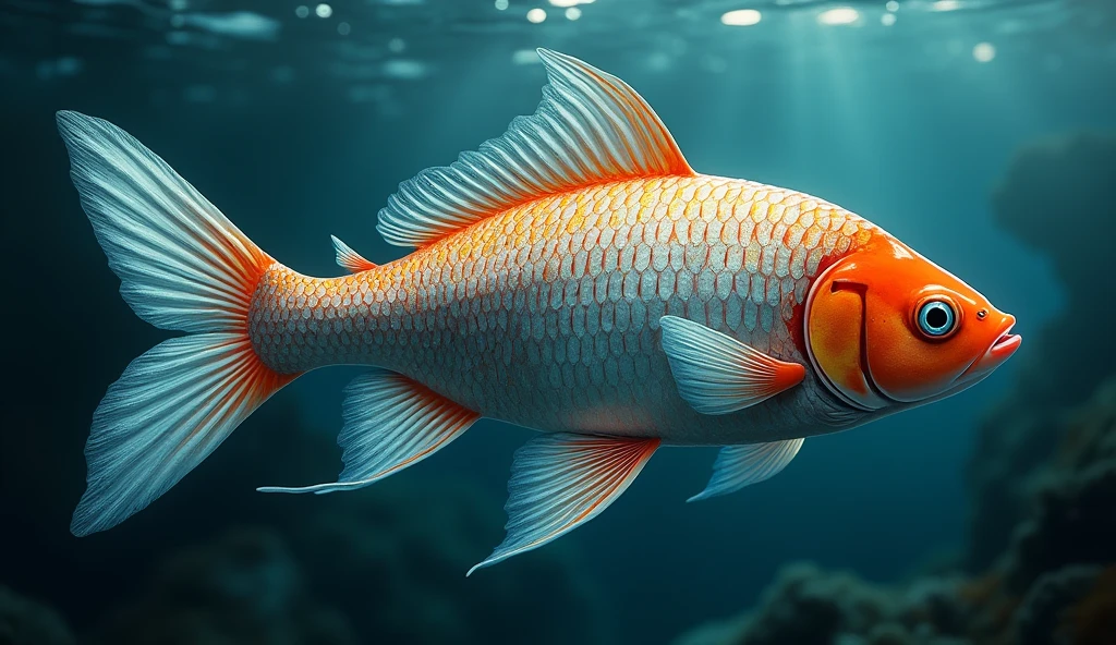 A fish with beautiful scales,Swimming in the sea,Fantasy, Complex, elegant, Very detailed, Concept Art, High Contrast, Sharp focus, oil, 4k yen