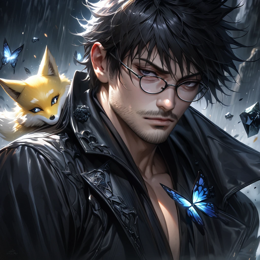 Extremely detailed, high resolution, absurd, HDR, masterpiece, Fushiguro Megumi, Black Hair, Expressive black eyes, Jiu Jitsu Kaiba, Black long coat, black Ice flowers, petal, Very handsome, Sexy men, Solitary, Extremely detailed eyes and face, Black Ice, Black Ice sparkling butterflies, Black T-shirt, Realistic face, sparkling, sparkling eyes, yellow Fox, men with stubble, short beard, short mustache, Beard scum, slightly curly hair, and black square plastic-framed glasses