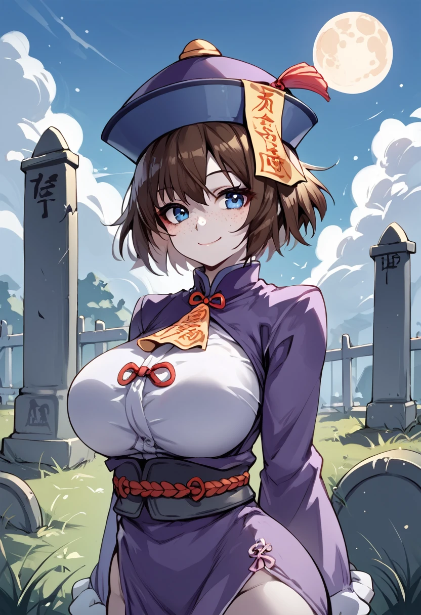 score_9_up, score_8_up, score_7_up, 1girl, solo, source_anime, hourglass figure, Big breasts, kemonomimi, bear ears, brown hair, short hair, messy_hair, blue eyes BREAK freckles, purple outfit, (jiangshi), qing_guanmao, hat, smile, closed mouth, facing_viewer, (pale skin), standing, simple background, zombie, outdoors, graveyard, tombstones, grass, fullmoon, 
