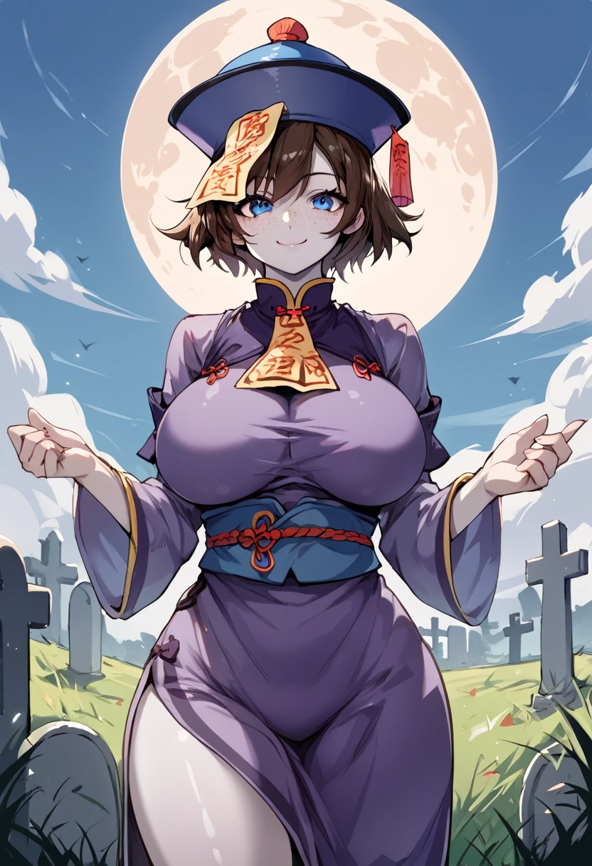 score_9_up, score_8_up, score_7_up, 1girl, solo, source_anime, hourglass figure, Big breasts, kemonomimi, bear ears, brown hair, short hair, messy_hair, blue eyes BREAK freckles, purple outfit, (jiangshi), qing_guanmao, hat, smile, closed mouth, facing_viewer, (pale skin), standing, simple background, zombie, outdoors, graveyard, tombstones, grass, fullmoon,