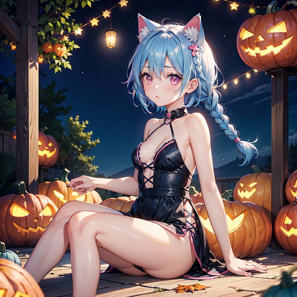 (Sky blue hair),(Braided short hair), (Pink Eyes),Fair skin) ,(whole body),(One Girl),(There are lots of pumpkin ghosts in the background),Cat ear,Cat&#39;s Tail,(Sailor suit),(Bruises and ugly faces),(Fall into Darkness),If you don't give me sweets, I'll play a prank on you.),(Halloween Night Party),(masterpiece, Highest quality, Very detailed, Best Shadow), (Detailed Background), (Beautifully detailed face), High Contrast, (Best lighting, Very delicate and beautiful), ((Cinematic Light)), Hyper Detail,8k, Dramatic Light, Intricate details,night,(Bats flying in the background),High quality