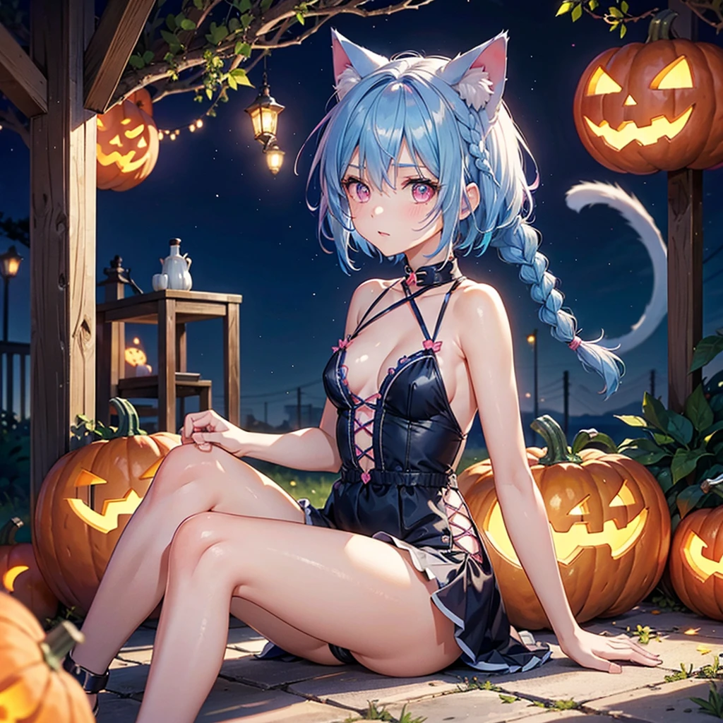 (Sky blue hair),(Braided short hair), (Pink Eyes),Fair skin) ,(whole body),(One Girl),(There are lots of pumpkin ghosts in the background),Cat ear,Cat's Tail,(Sailor suit),(Bruises and ugly faces),(Fall into Darkness),If you don't give me sweets, I'll play a prank on you.),(Halloween Night Party),(masterpiece, Highest quality, Very detailed, Best Shadow), (Detailed Background), (Beautifully detailed face), High Contrast, (Best lighting, Very delicate and beautiful), ((Cinematic Light)), Hyper Detail,8k, Dramatic Light, Intricate details,night,(Bats flying in the background),High quality