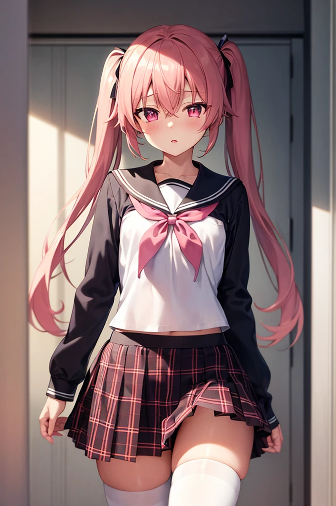 hair between eyes, twintails, sailor collar,
highly_detailed, extremely_detailed_CG_unity_8k_wallpaper, highres, absurdres, beautiful_detailed_eyes, finely_detailed_clothing, finely_detailed_light, highly_detail_hair_, Beautiful eyes,
colorful, light rays, caustics, aistics, lens flare, bokeh, nsfw, flat-chested, pink eyes, White silk stockings, JK Uniform Plaid Skirt, school uniform, Light pink mini skirt, blush,
score_anime, score_9, score_8_up, masterpiece, beautiful scenery, lovely,