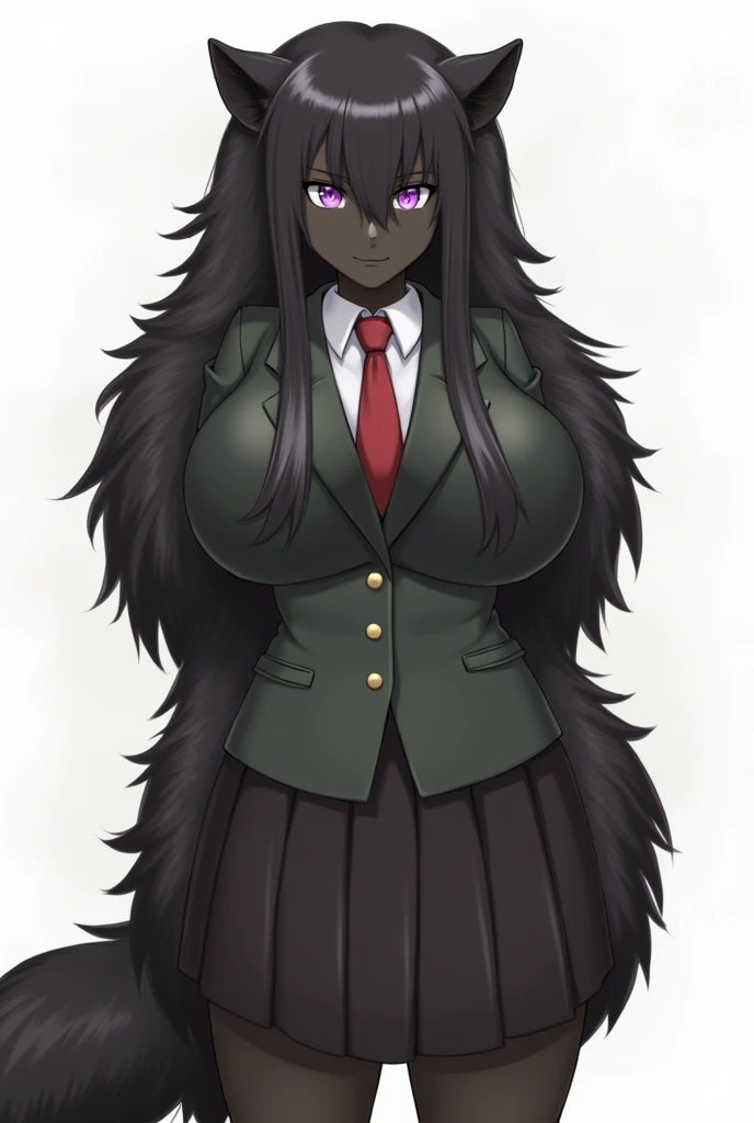 1 Lady, black fur, Lady , huge breasts us, School uniform, portrait, simple background, (furry:5.5)