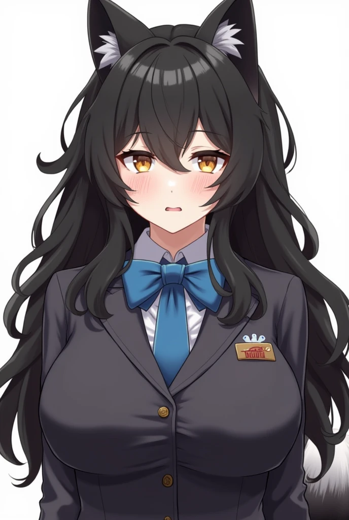 1 Lady, black fur, Lady , huge breasts us, School uniform, portrait, simple background, (furry:5.5) 