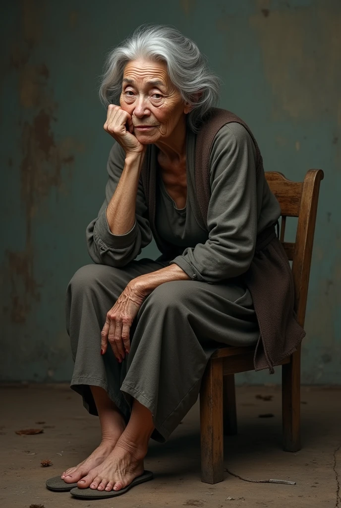 An elderly woman sits with her right leg resting on her left knee on a wooden chair.
