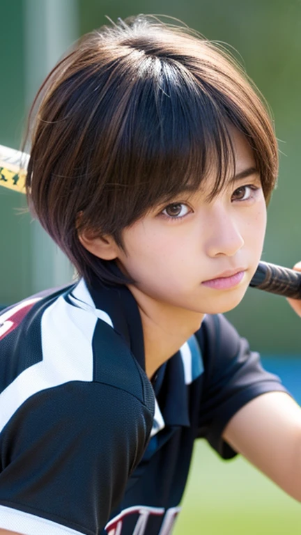 Japanese female junior high school student who is a field hockey player、Boyish ultra-short hair、Dark brown mesh hair color、I'm extremely sunburned、Sexy sleeveless uniform、masterpiece、High resolution、high quality、realism、Natural skin texture、Messy hairstyle