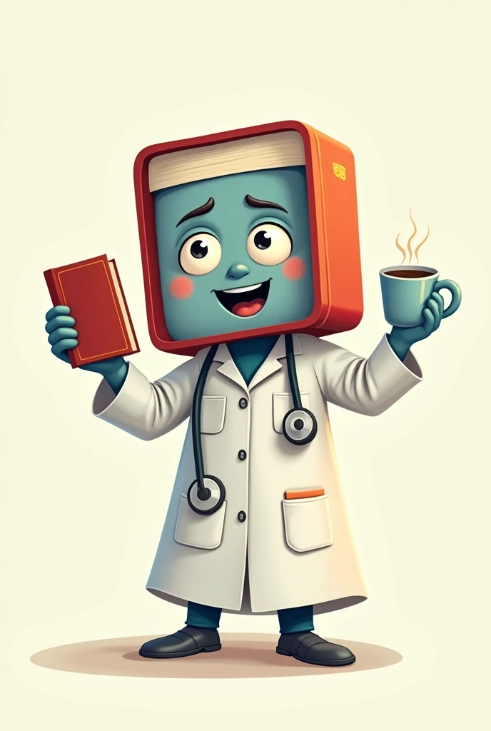 A mascot 2d image of a book head with big eyes, right hand holding a book, left hand holding coffee, wearing a medical gown, and hanging a septoscope.