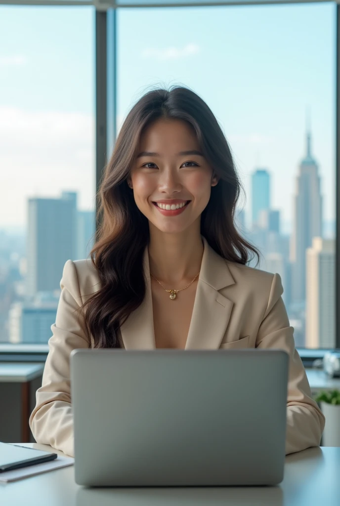 Create an image of an 18-year-old Asian businesswoman standing and working on a MacBook. She is smiling with a cute and charming face. The image is full-body, with a slightly revealing outfit, showcasing a youthful and modern appearance.