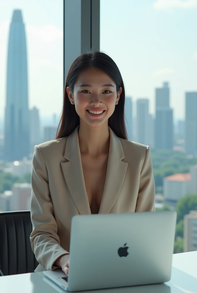 Create an image of an 18-year-old Asian businesswoman standing and working on a MacBook. She is smiling with a cute and charming face. The image is full-body, with a slightly revealing outfit, showcasing a youthful and modern appearance.