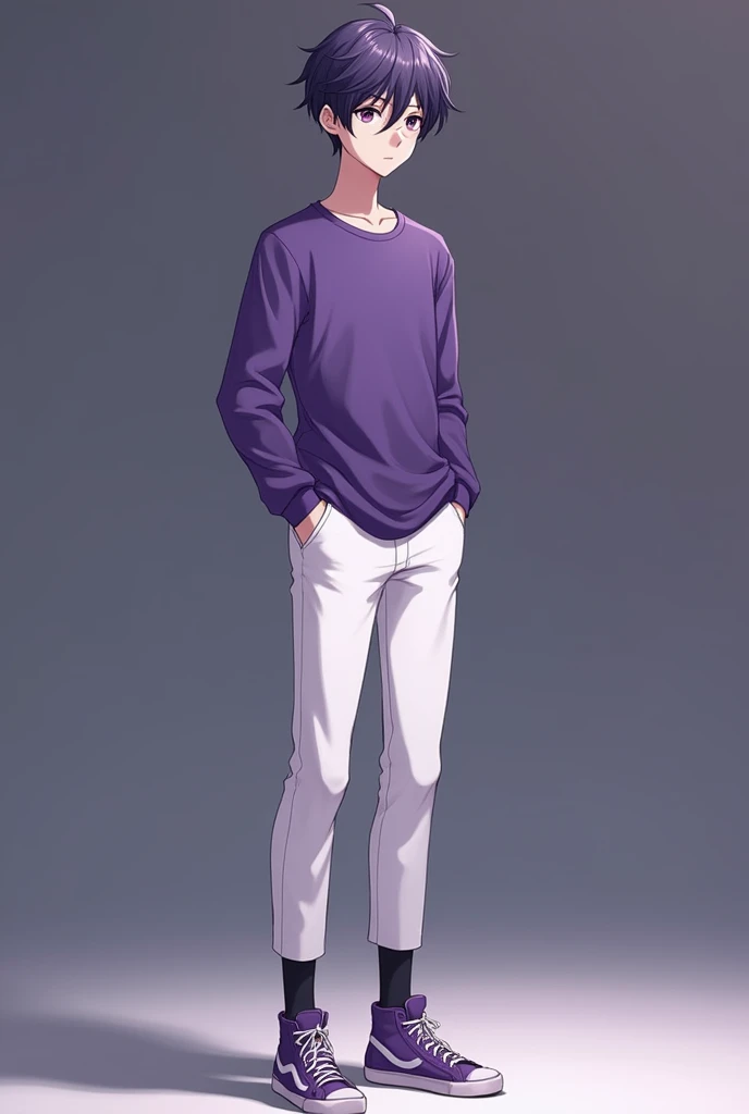((high definition, lighting)), ultra-detalied, 1male, solo, thin build, 190 cm tall, full body focus, dark violet hair, violet pupils, violet T-shirt with long sleeve, white trouser, black socks, violet sneakers, looks at the viewer, calm look, high detail anatomy, high quality image, calm stance with hands in pocket, detailed body, high-quality image, high-quality details, short hair, ((anime style)), masterpiece, best quality, highres, super detail, accurate, high details, 4K, UHD,