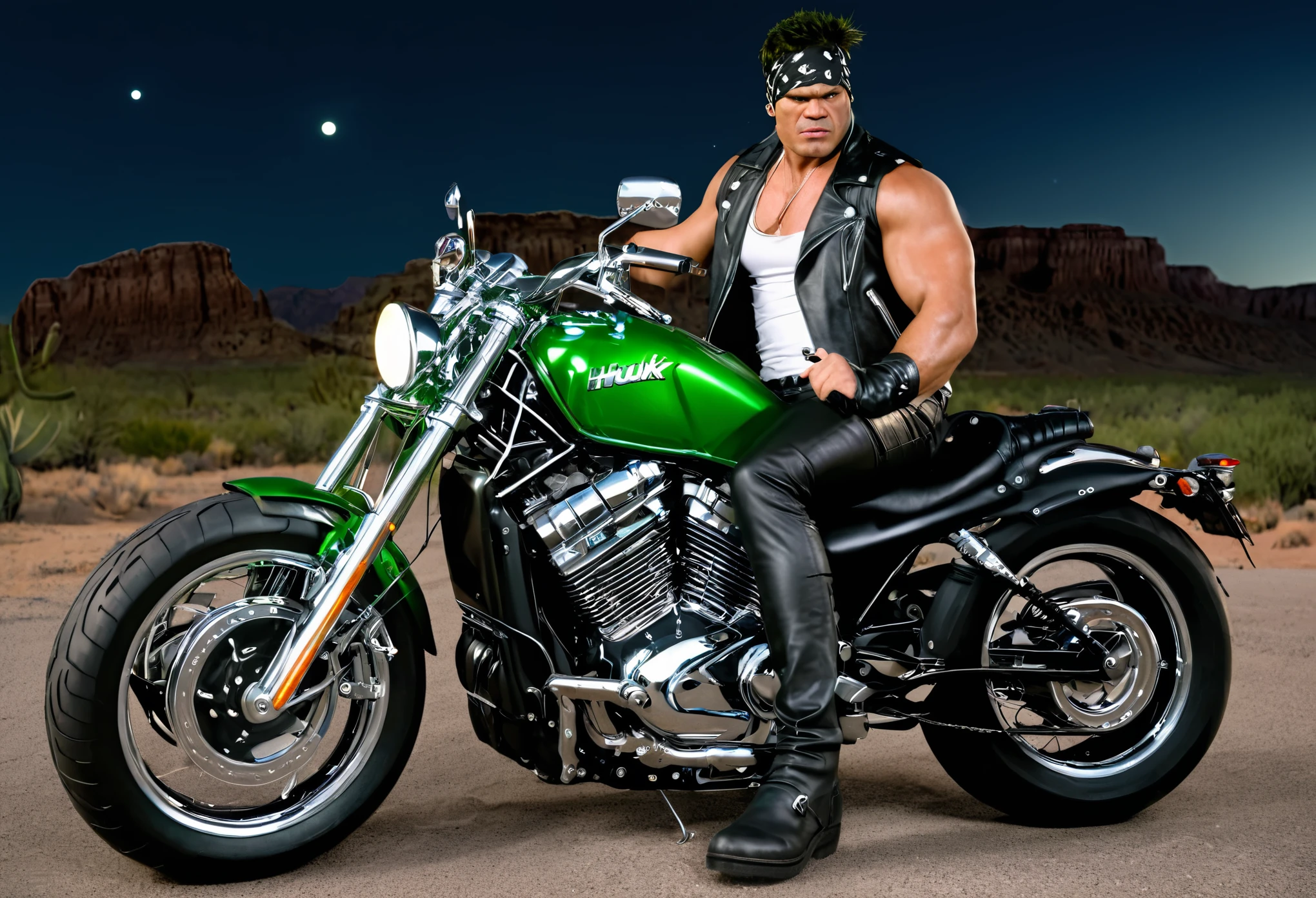 Incredible Hulk, dressed up like a leather clad biker, Leather Jacket, Bandana, white tank top, leather pants, riding a huge green chrome motorcycle, Desert at night
