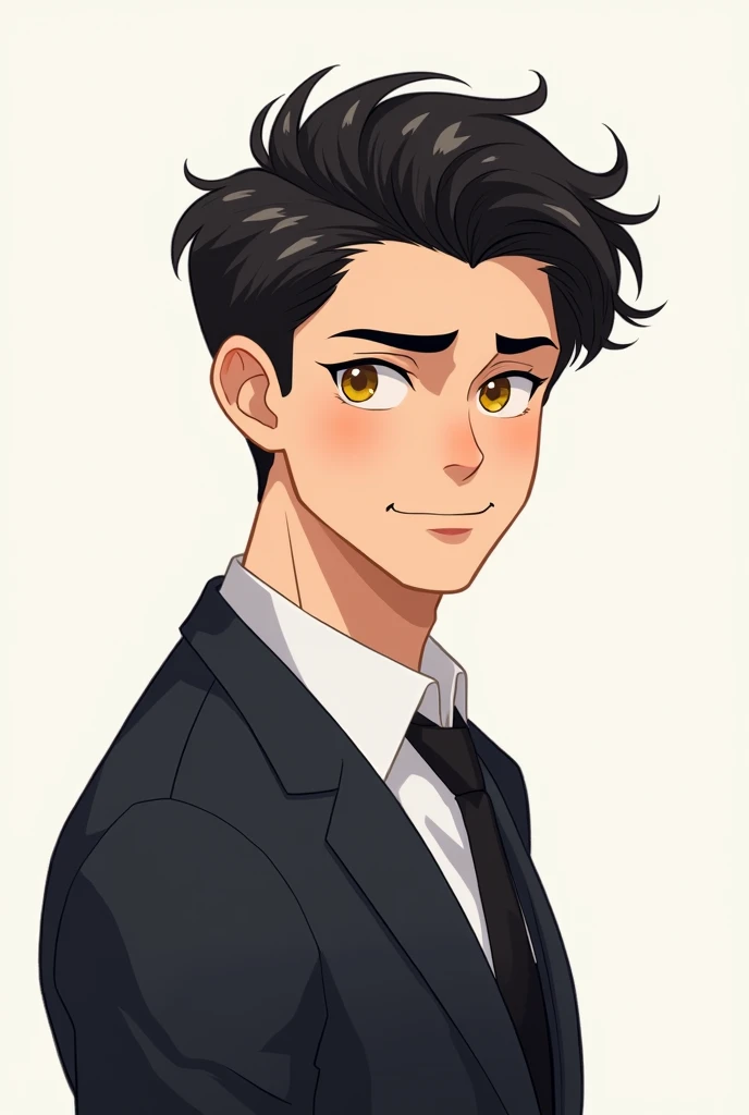 Muscular man, beautiful and youthful face, light skinned, semi wavy black hair, slightly combed and slightly short, yellow eyes, dressed in a suit, smiling embarrassed. Simple and cute digital drawing.