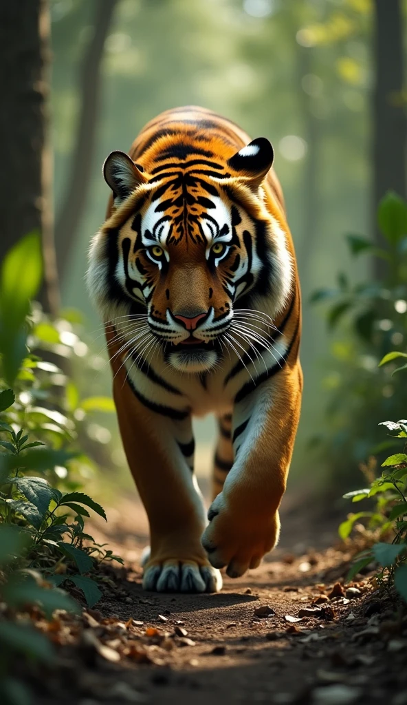 A massive tiger in the jungle, showing its natural camouflage, modern day, moving stealthily through the undergrowth, shadows and sunlight creating a natural concealment, wide shot, hyper-realistic, photo realism, cinematography --ar 9:16.