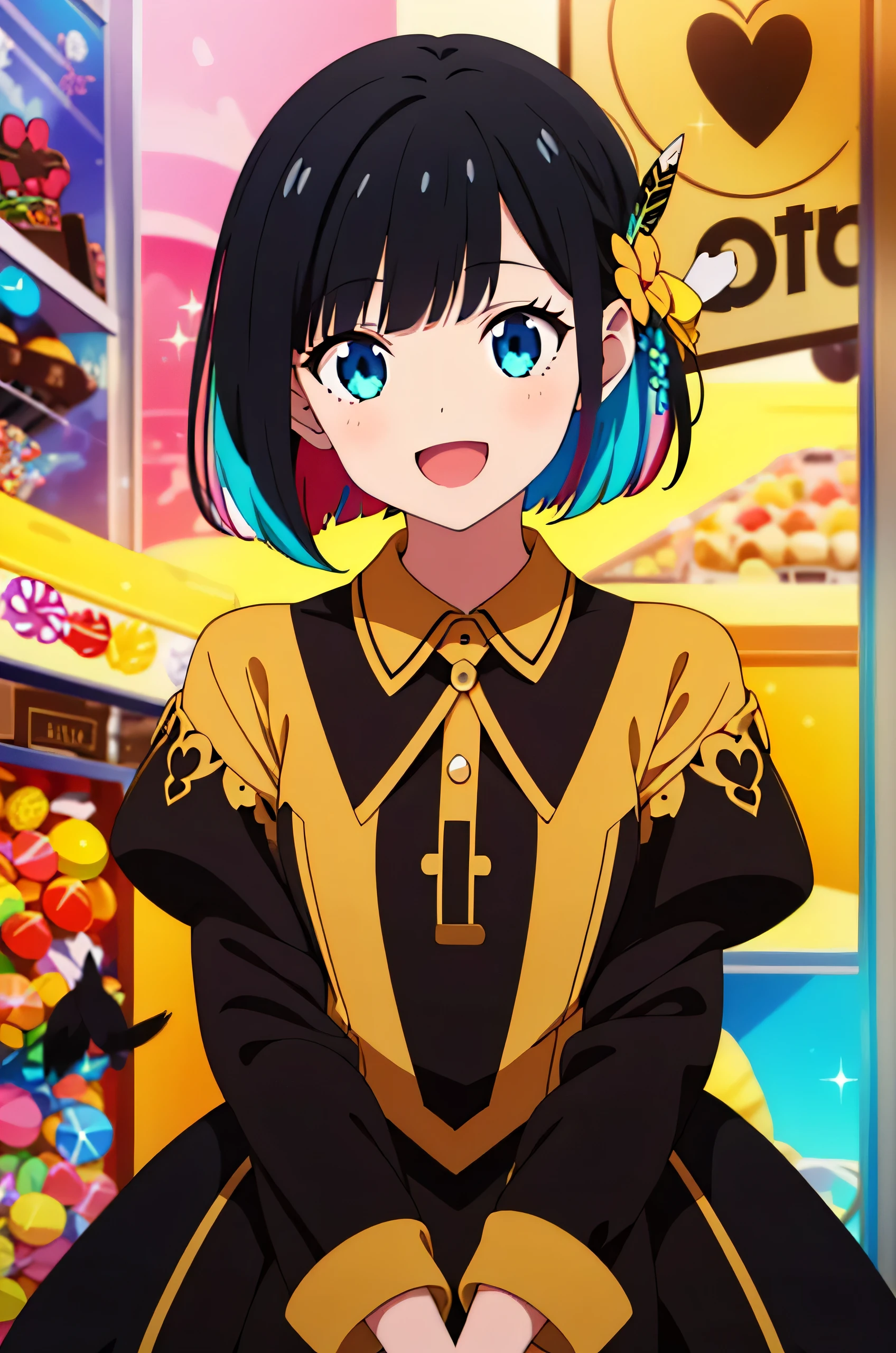 1 girl, black hair, bob cut, sweet fairy dress, random cute face, super happy smiling, open mouth, cute shot, zoom camera, sweet candy , lots of bubbles, glitters, haerts, chocolate, feathers, land of sweets
, anime_coloring,anime_keyvisual, colorful,vivid