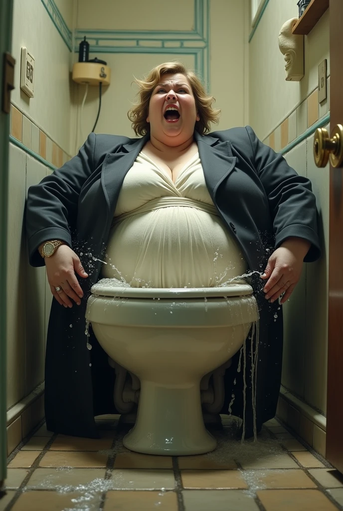 Fat woman in formal clothes stuck inside a toilet