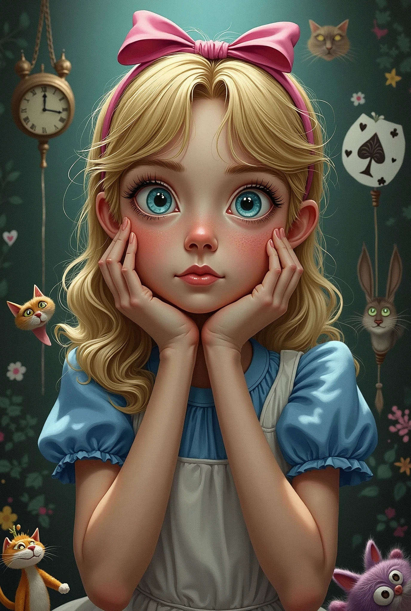 Draw a full-body portrait of Alice and all the characters in Alice in Wonderland to capture a moment of deep contemplation. Her expression should be a mixture of curiosity and a hint of unease, as if she is deeply questioning reality and her place in it. Her large eyes should be wide open, reflecting the surreal world around her. A smiling Cheshire cat, a clock, a playing card guard, inside the kingdom of Wonderland, etc. The lighting should be soft yet dramatic, casting gentle shadows that emphasise the depth of her thoughts. Her hair is slightly dishevelled, as if she has been on a long journey, and the iconic pink headband is slightly slanted, adding to the sense that she is pensive. The colour palette is a mix of soft pastels and dark, introspective tones, creating a balance between innocence and the complexity of her thoughts.