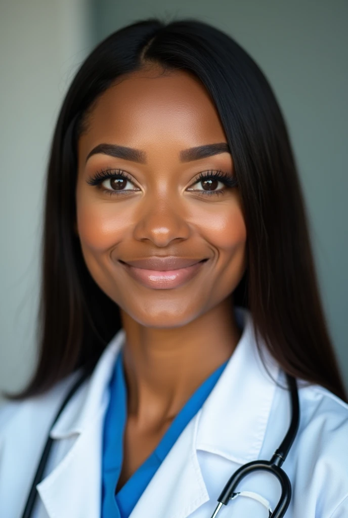 Front view image of a dark-skinned woman with brown eyes, profiled nose, straight dark brown hair in doctor uniform for resume.