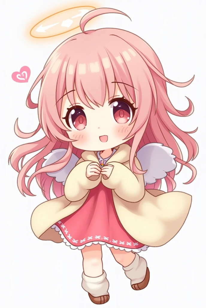 Cute angel with long and loose hair, beautiful eyes, cute pink face, short, rose dress, white pant and shawl, small sticker