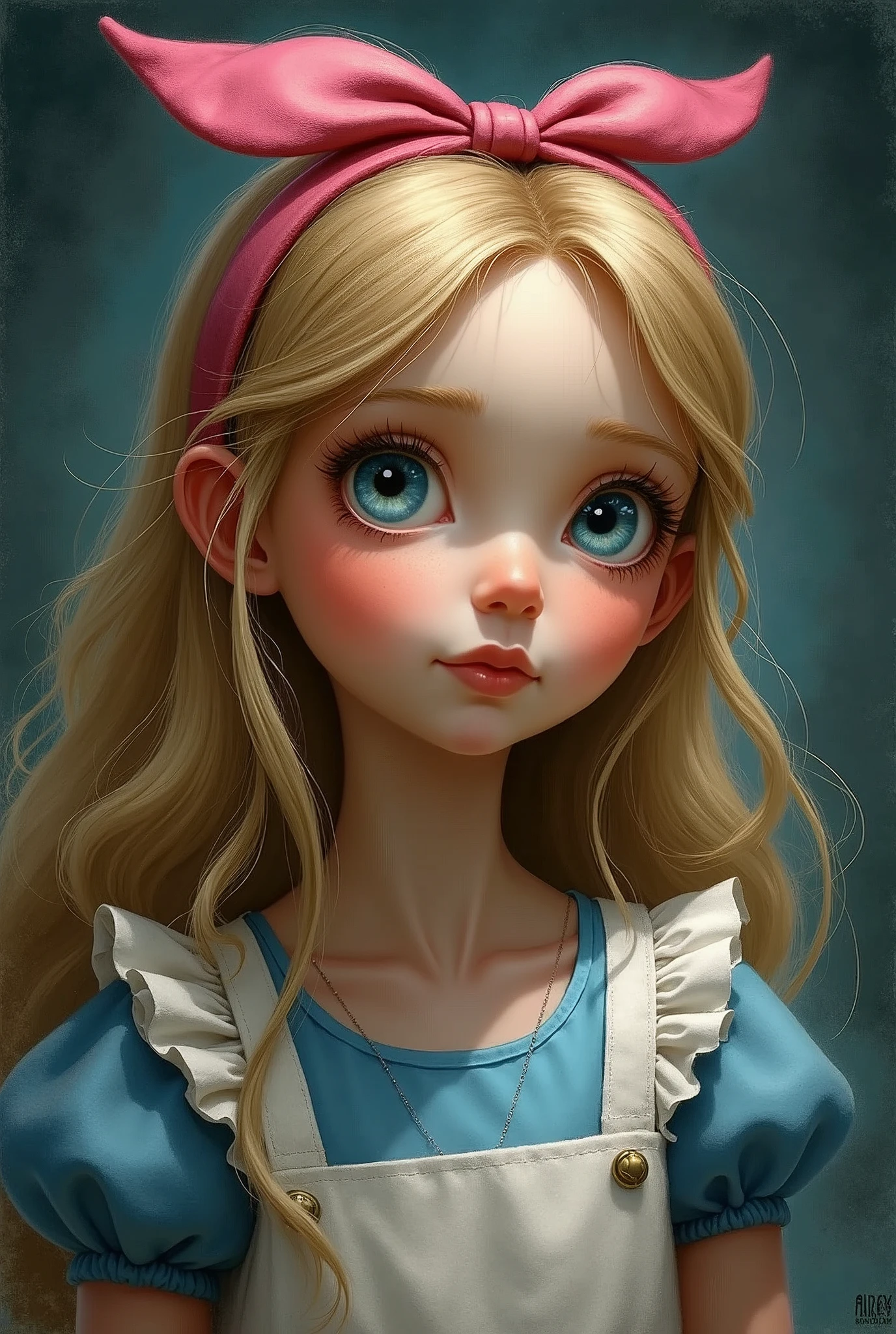 Draw a full-body portrait of Alice and all the characters in Alice in Wonderland to capture a moment of deep contemplation. Her expression should be a mixture of curiosity and a hint of unease, as if she is deeply questioning reality and her place in it. Her large eyes should be wide open, reflecting the surreal world around her. A smiling Cheshire cat, a clock, a playing card guard, inside the kingdom of Wonderland, etc. The lighting should be soft yet dramatic, casting gentle shadows that emphasise the depth of her thoughts. Her hair is slightly dishevelled, as if she has been on a long journey, and the iconic pink headband is slightly slanted, adding to the sense that she is pensive. The colour palette is a mix of soft pastels and dark, introspective tones, creating a balance between innocence and the complexity of her thoughts.