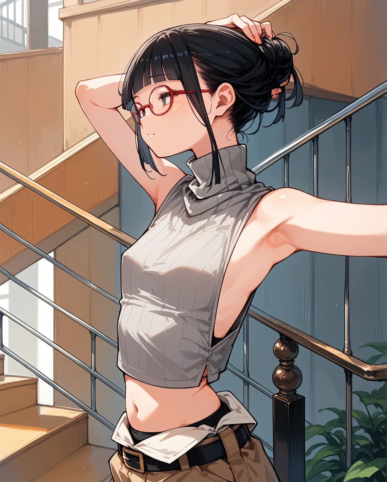 胸元が開いたデザインのSleeveless turtleneck,Exposed chest、Exposed flanks,sexy,Flat Chest,Focus on your audience,Very thin body,Anime Style,Slim figure,delicate,Glasses,Asian woman wearing grey top and black pants posing on stairs, Sleeveless turtleneck_With dowel, 脇が大きく開いているSleeveless turtleneck_Relaxed back design,rib cage,Side bust,Shoulders are wide open,sexyなWearing a crop top, Photo of slim girl model, Chiho, T-Top, shikamimi, Wearing a crop top, Real life anime girls, Kurohime cut hair, Chassis, 2 4-year-old female model