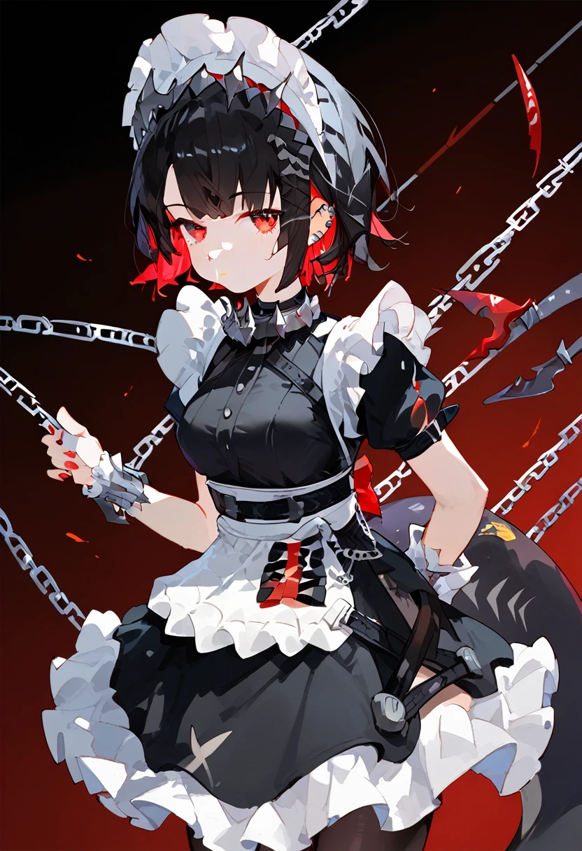 ,ellen, red eyes, black hair, short hair, colored inner hair, hairclip, ear piercing, fins, shark tail, maid headdress, hair ornament, black dress, puffy short sleeves, choker, frilled dress, high-waist apron, black pantyhose, wrists cuffs, chain, ,Expressiveh,((Anime illustration)) ((Incarnate detail)) ((Masterpiece)) ((Highest quality))